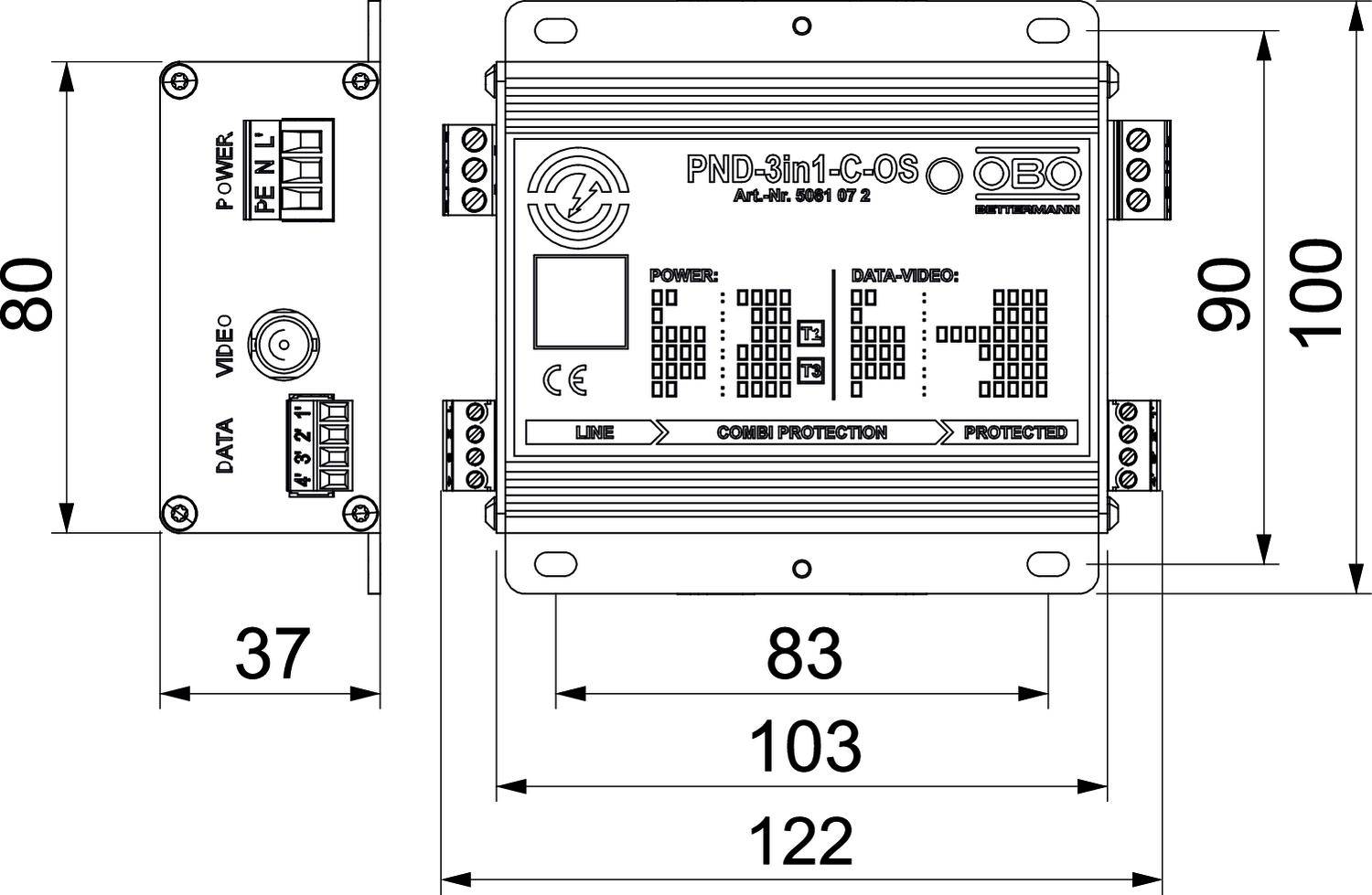 Teknisk tegning af et elektronisk modul med dimensionerne 122 x 80 x 37 mm, forfra og fra siden. Power-, video- og dataporte er markeret.