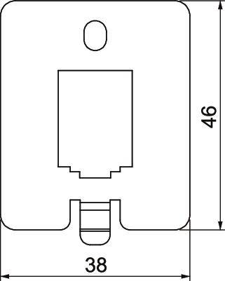 Teknisk tegning af et rektangulært tilslutningsfelt med dimensioner: 38 mm bred og 46 mm høj, med et centralt rektangulært hul.