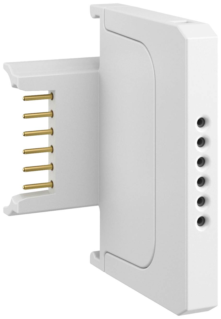 Hvid elektrisk stikforbinder med seks gyldne kontaktben og fem runde åbninger, bruges til enhedstilslutninger.