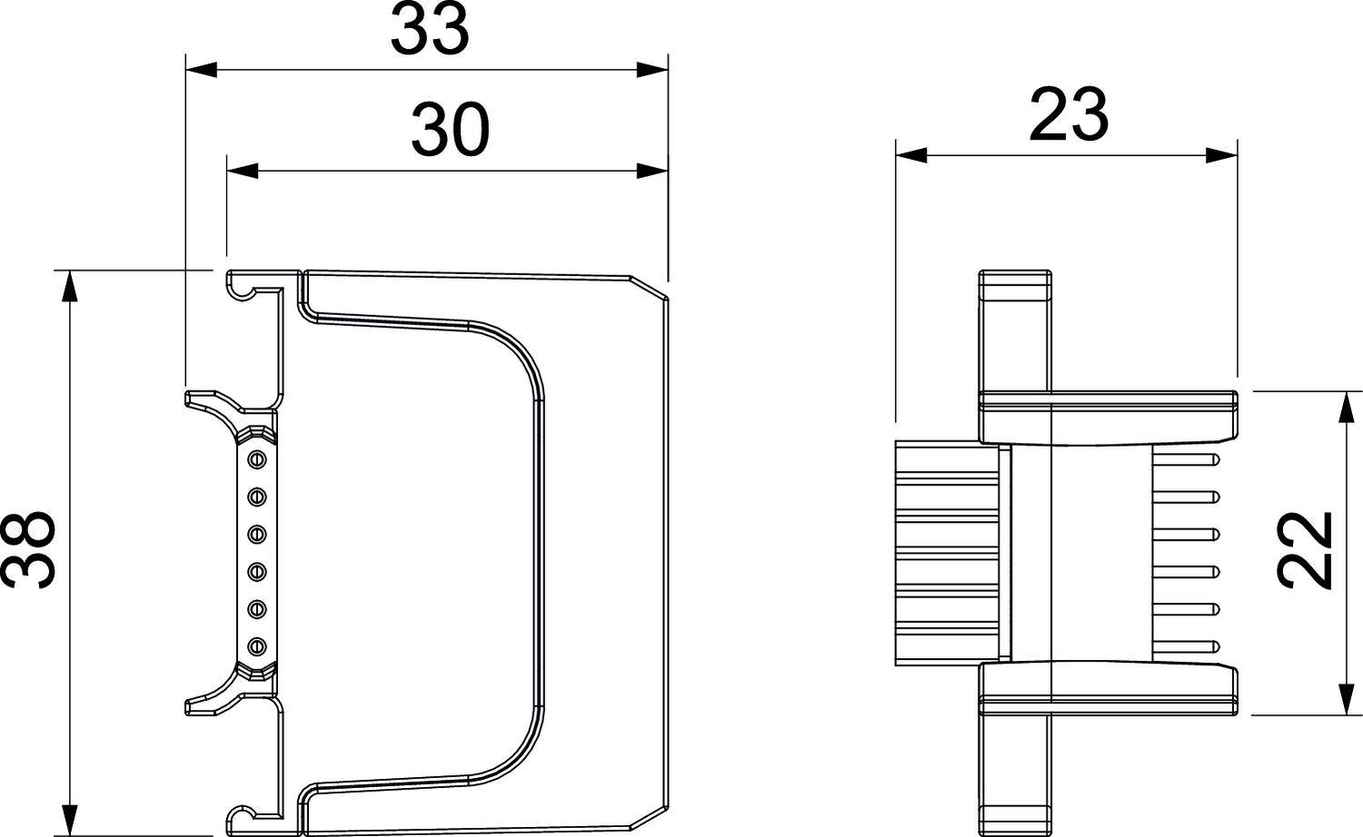 Teknisk tegning af en stikforbinder med mål: Bredde 33 mm, højde 38 mm, dybde 23 mm. Viser for- og sidevisning.