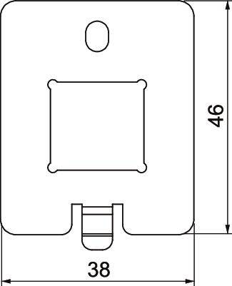 Teknisk tegning af en kvadratisk indsats med dimensionerne 46 mm x 38 mm. Foroven en rund åbning, forneden en udsparingen.