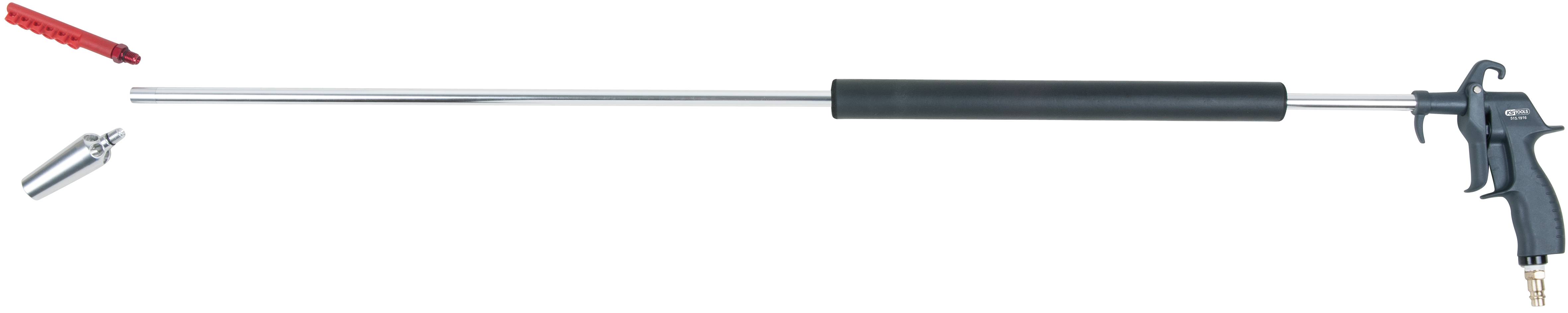 Langmetall-sprayelance med sort håndtag og dysevedhæng, egnet til højtryksrensningsopgaver.