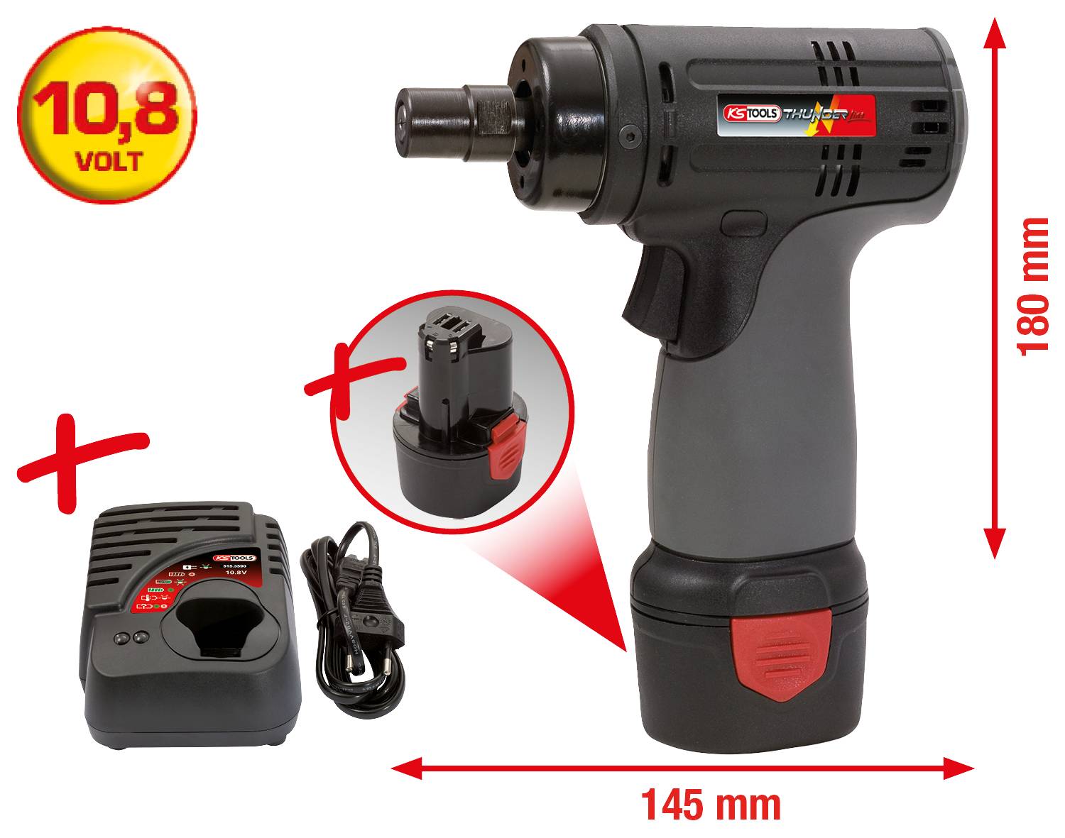 Akku-skruemaskine med oplader og batteri, 10,8 Volt, dimensioner: 180 mm høj, 145 mm lang. Ladeenhed inklusive kabel.