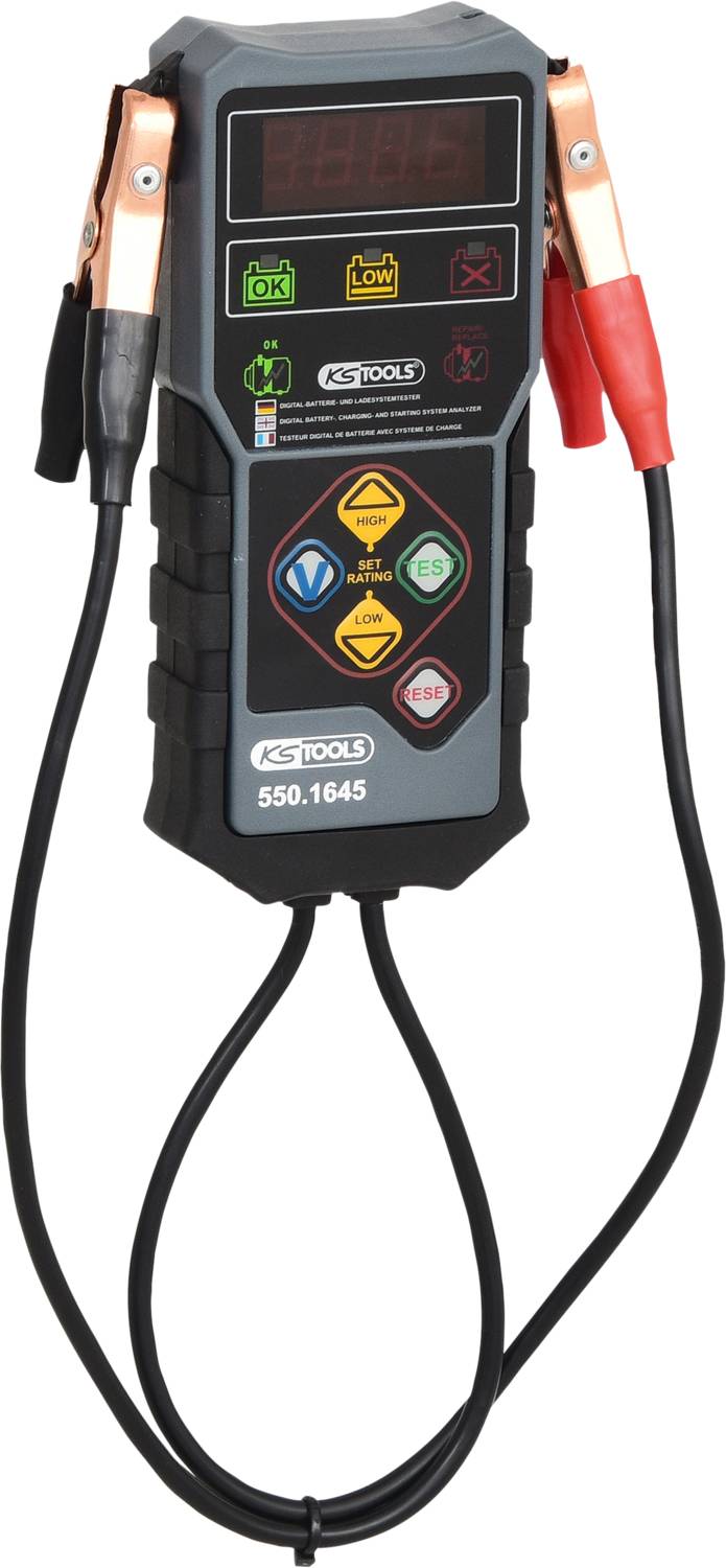 En digital batteritester med indikatorlamper og klemmer. Viser ladningstilstanden for køretøjsbatteriet.