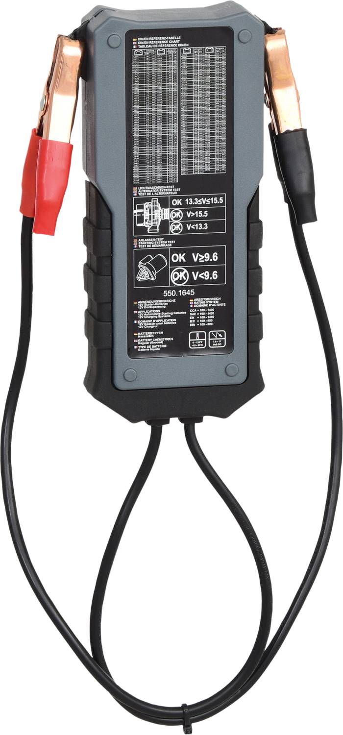 Et sort batteriopladeren med kabler og klemmer. Forsiden viser tabeller og symboler med opladningsinstruktioner og tekniske specifikationer.