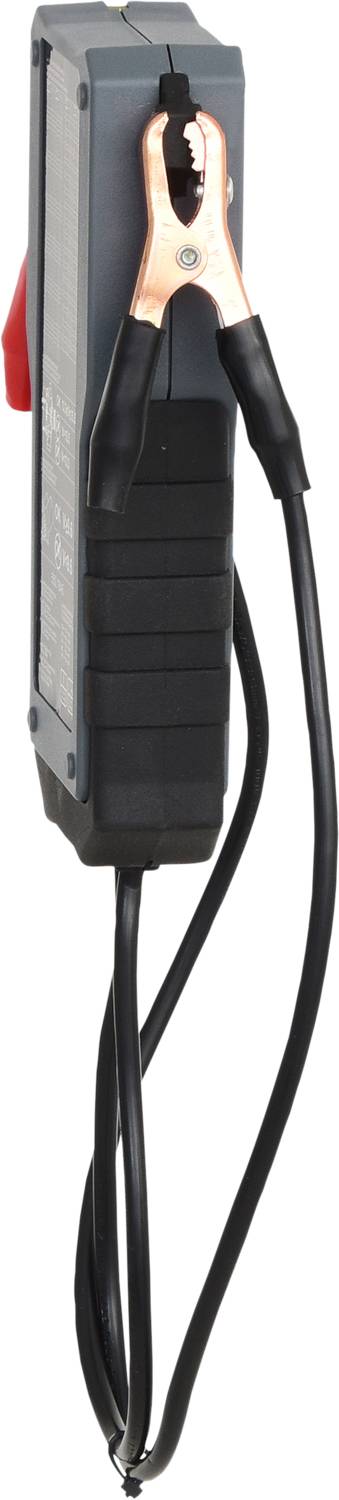 Grå batterilader med sort kabinet og kobberklemmer, set fra siden.
