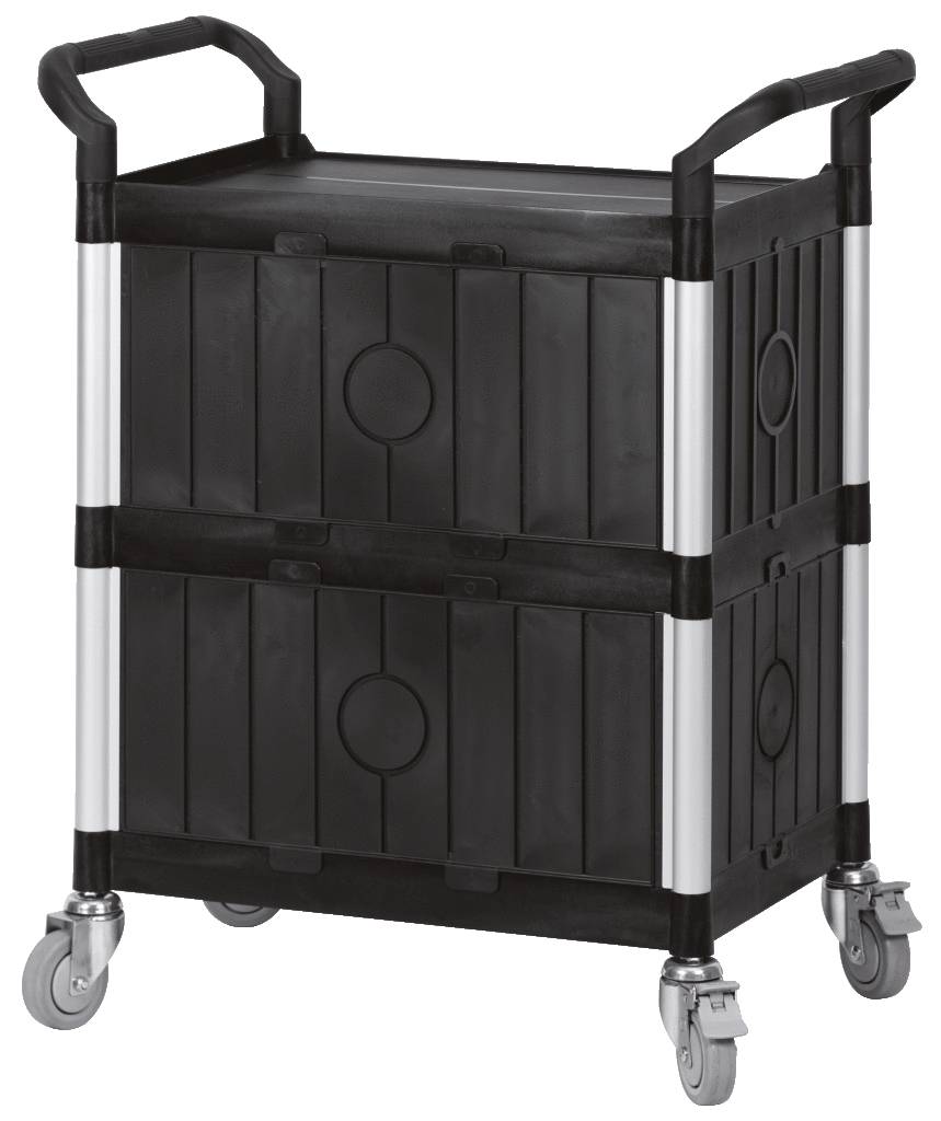 Sort, rektangulær transportvogn med fire hjul og to håndtag, egnet til transport af genstande indendørs.