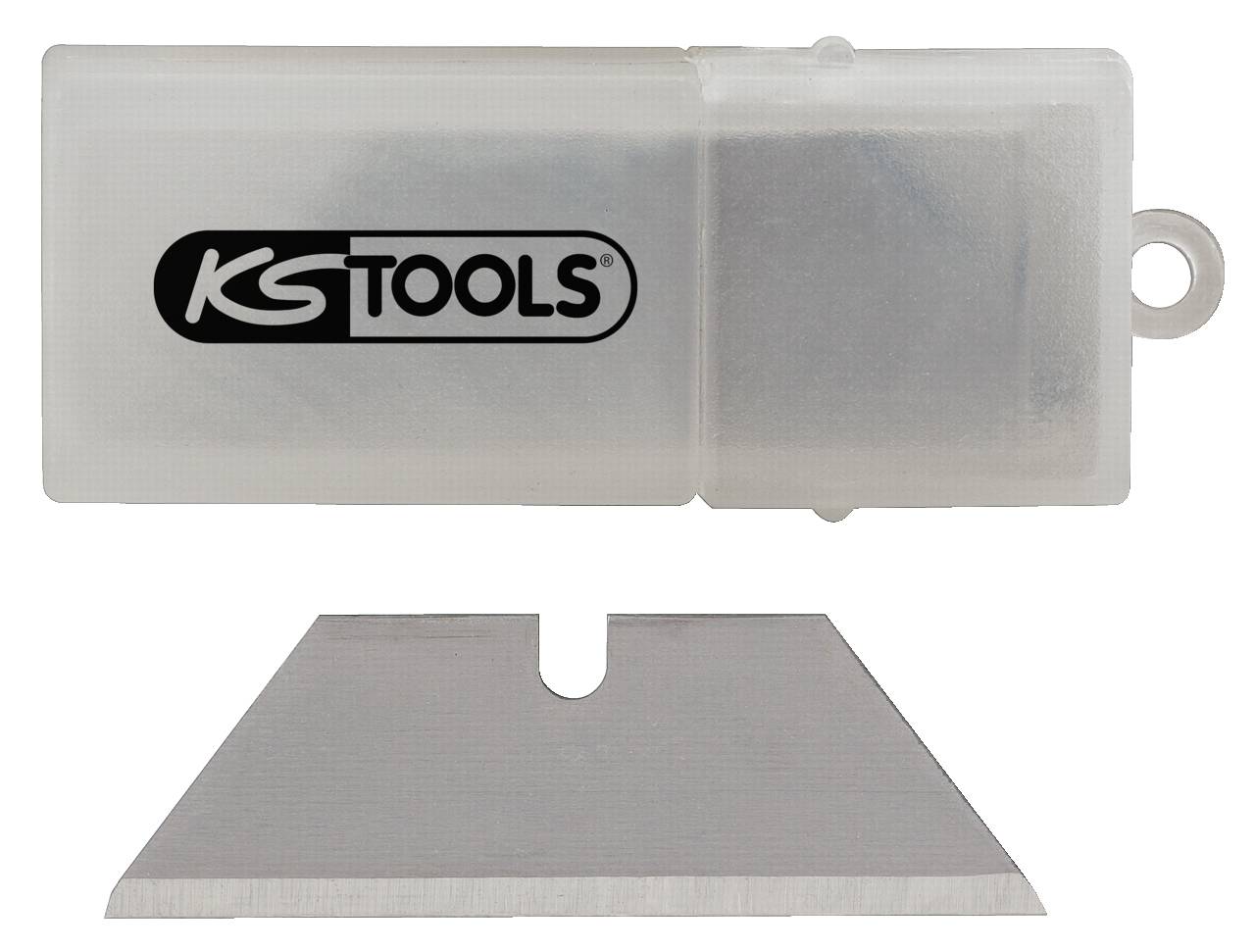 En udskiftelig knivbeholder fra KS Tools, viser en enkelt trapezformet klinge og en hvid plastboks med logo.