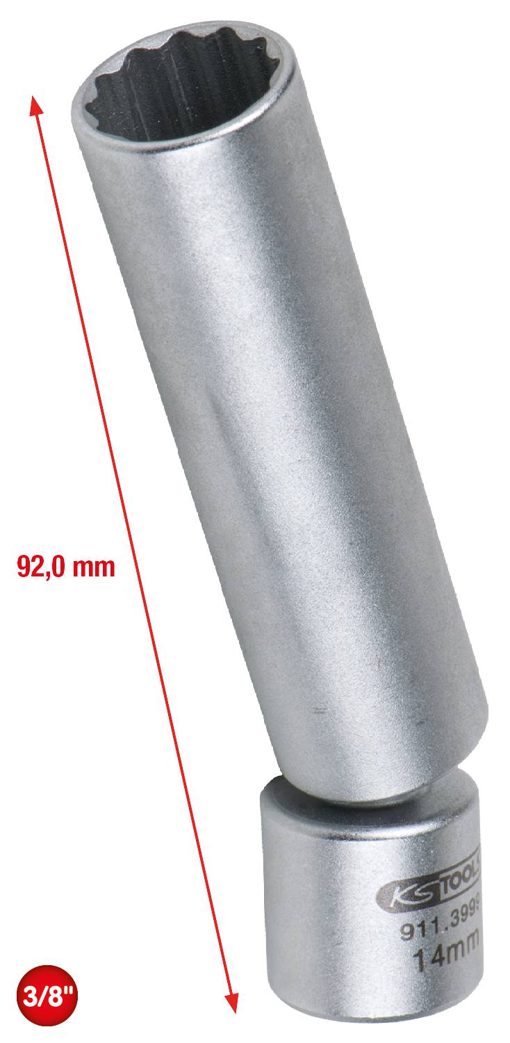 Lang sølvfarvet stikstørknøgle med 92,0 mm længde og 14 mm diameter. Værktøj til skruer med 3/8-tomme tilslutning.