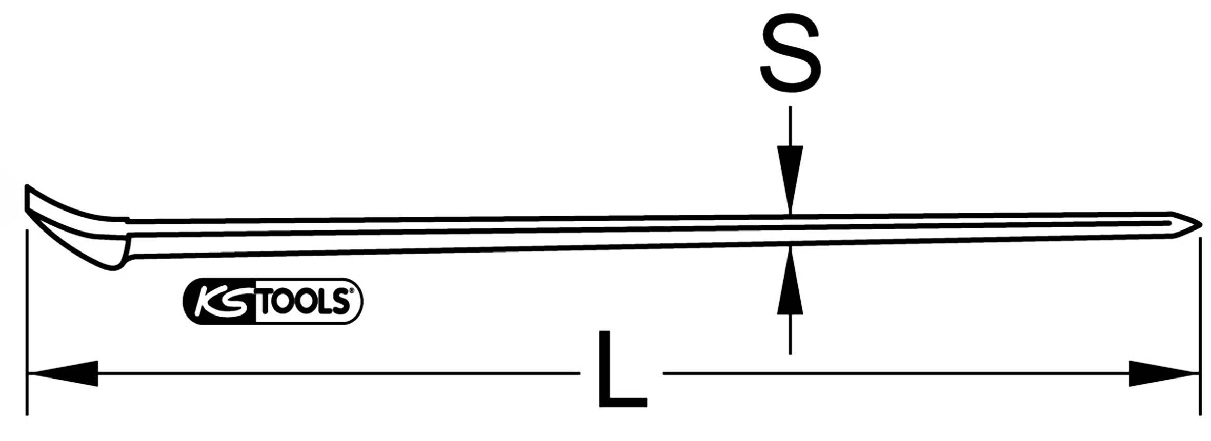 Tegning af en lang løftestang med markeringer 'L' for længde og 'S' for tykkelse.