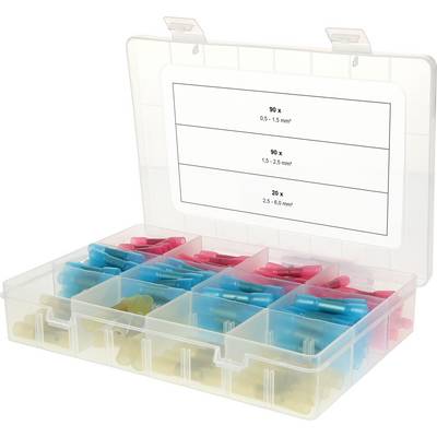 Gennemsigtig plastboks med rum, fyldt med farvede kabelsko. En etiket viser stykantal og kabelstørrelser fra 0,5 til 6 mm².