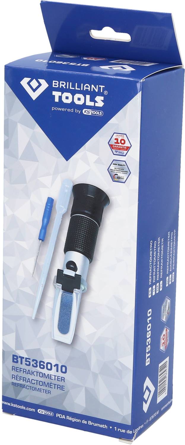 Emballage til et refraktometer fra Brilliant Tools, model BT536010, med tilbehør. Varemærkelogo og produktdetaljer på forsiden.