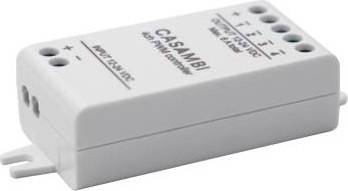 En hvid elektronisk enhed med påskriften 'CAS-AMBI'. Den har stik og mærkning for ind- og udgange.