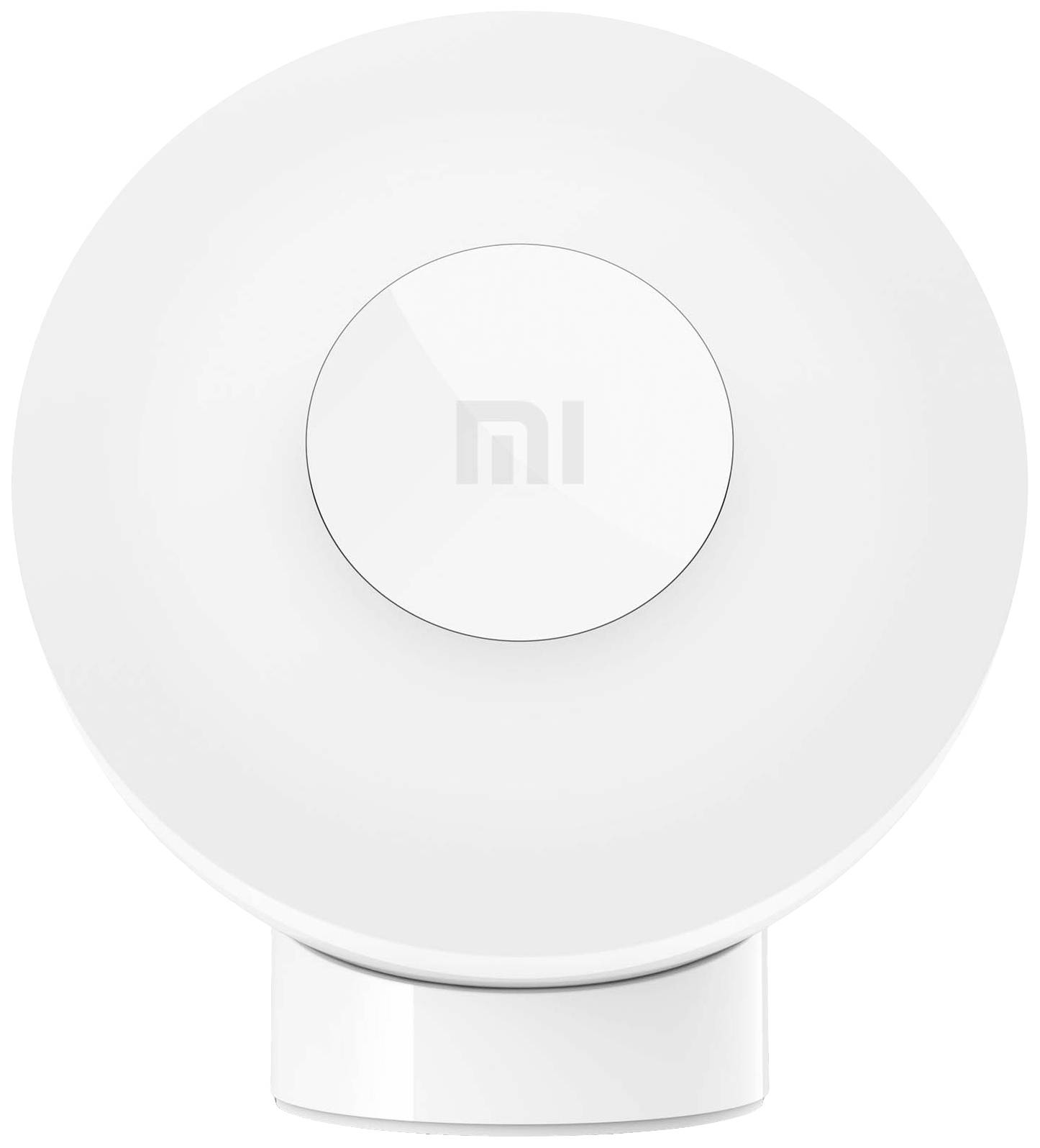 Hvid, rund LED-lampe med 'mi'-logo i midten. Den har en enkel, moderne form.