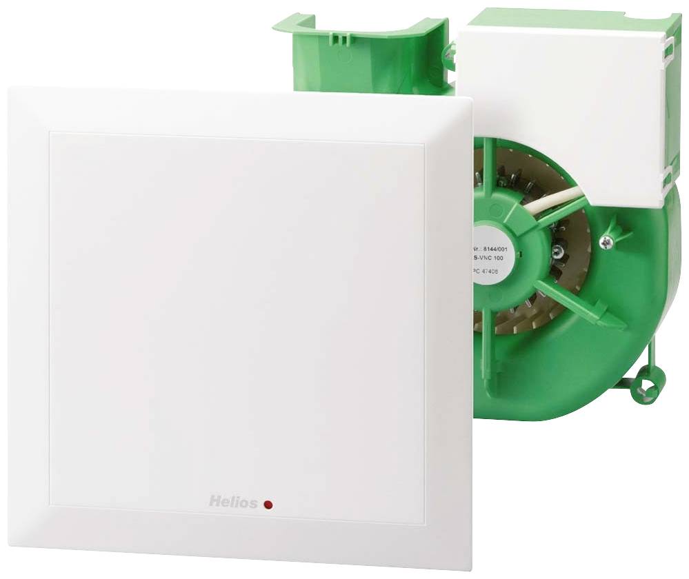 En hvid Helios ventilator med grøn indre mekanisme, egnet til ventilation af indendørsrum for at forbedre luftcirkulationen.