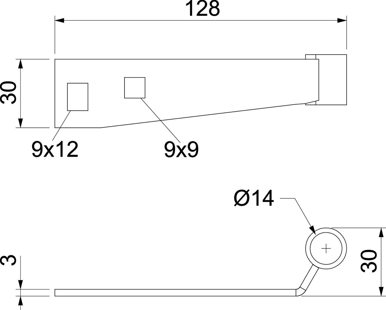 Teknisk tegning af en komponent med dimensioner: 128 længde, 30 højde, 9x12 og 9x9 åbninger, Ø14 cirkel, 3 bredde.