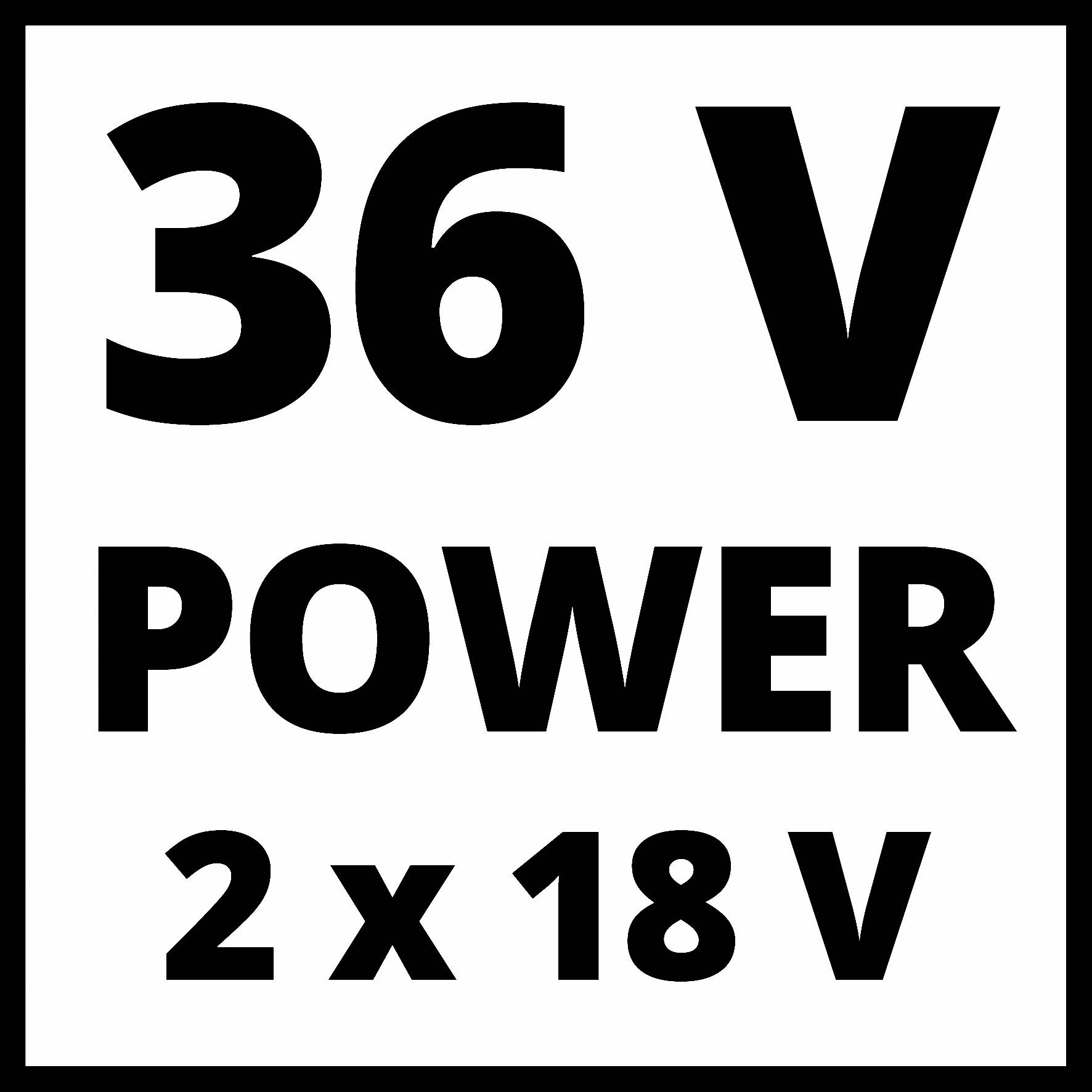 "36 V POWER 2 x 18 V" i sort skrift på hvid baggrund.