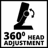 'Illustration af en skærm med 360 graders drejelig hovedtilpasning, tekst: 360° Hovedjustering.'
