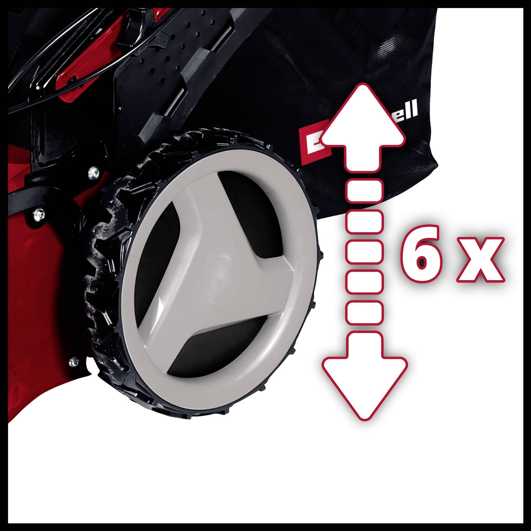 Billedet viser et hjul fra en plæneklipper med et symbol for justerbare højdepositioner og teksten '6x'.