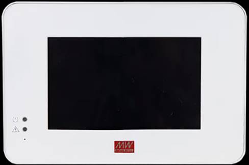 En rektangulær skærm med hvid ramme og et 'MW'-logo nedenunder, muligvis en digital displayenhed.