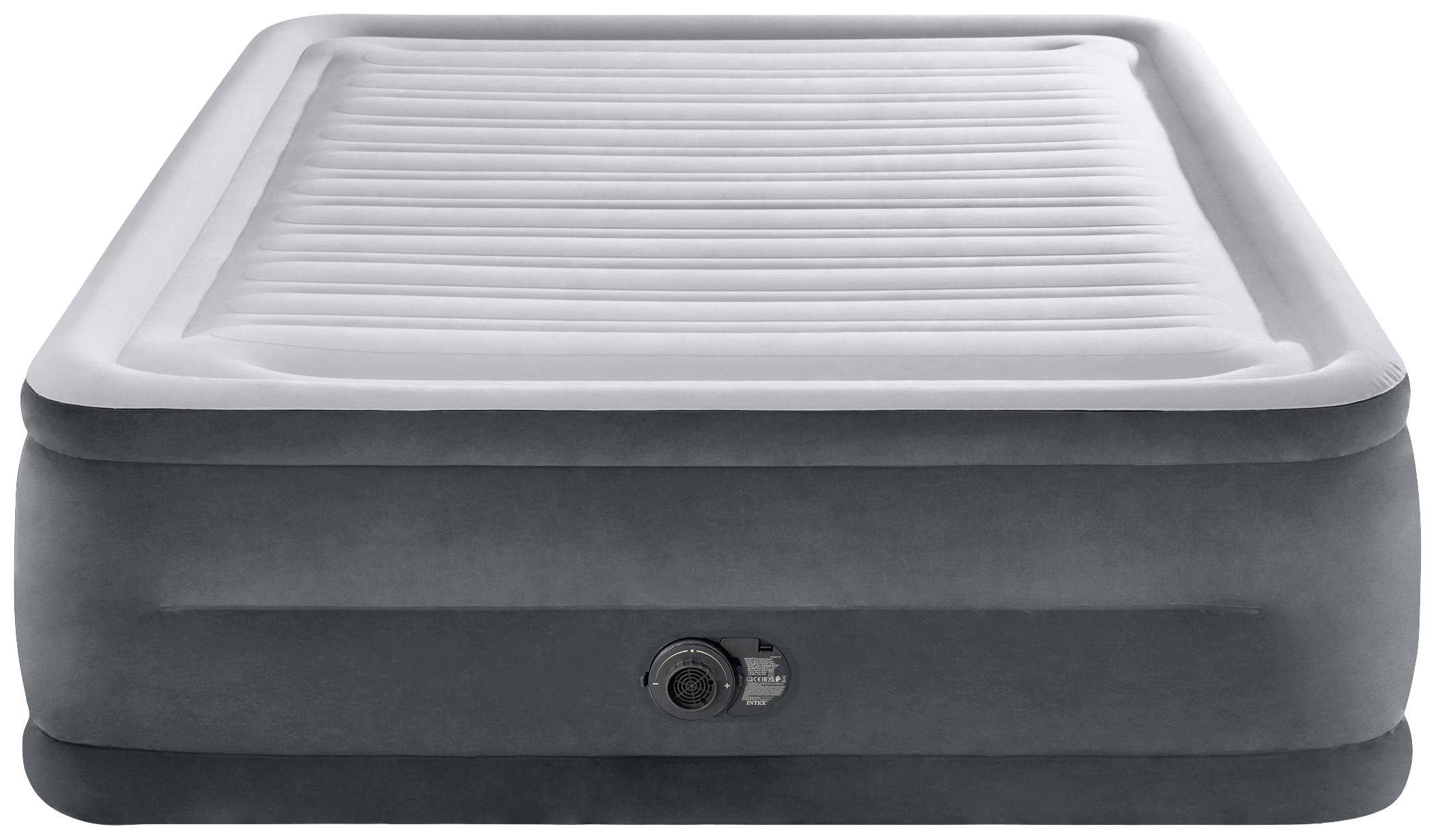 Oppustelig luftmadras i grå og hvid, set fra siden. Den har en integreret pumpe på forsiden.