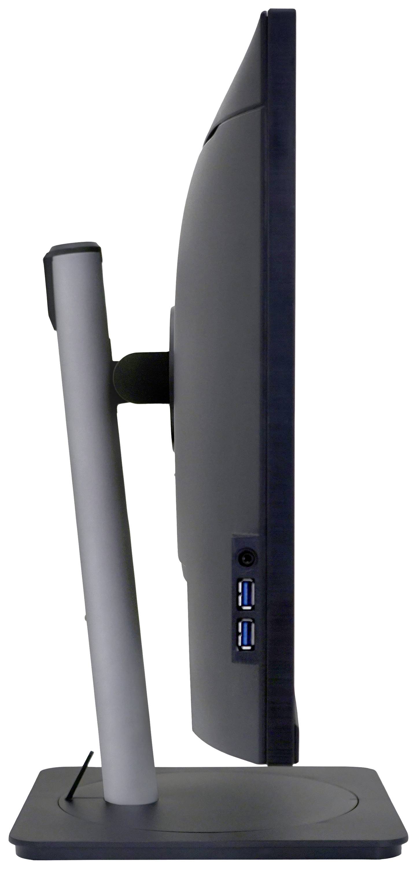 Sidevisning af en flad computerskærm med USB-porte, monteret på en fod.