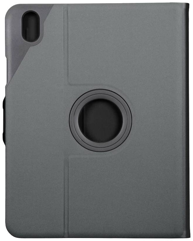 Et grå tablet-cover med cirkulær udskæring til kameraet og kantet mønsterdesign.