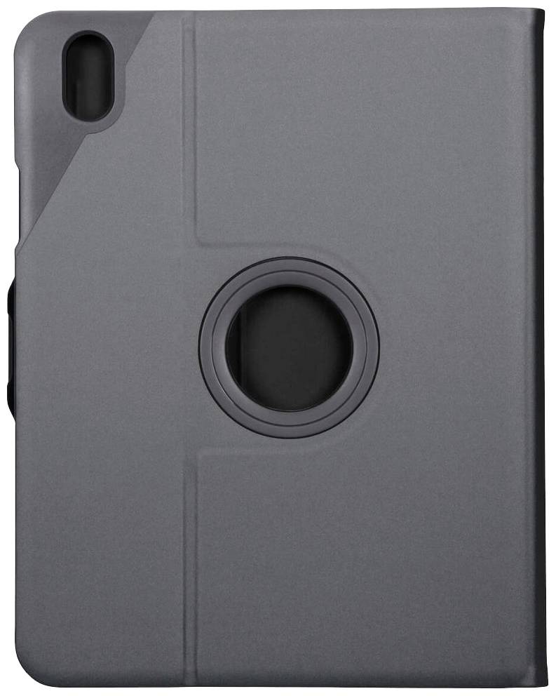 Et mørkegrå tablet-cover med en rund udskæring i midten og kameraåbning øverst til venstre.