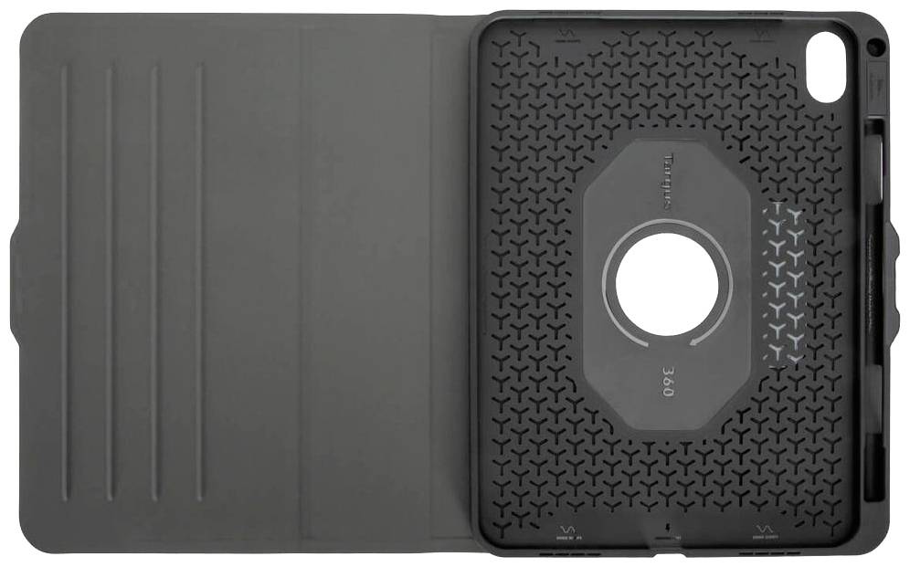 Sort tablet-etui med skridsikker indvendig side og praktisk støttefunktion, egnet til forskellige betragtningsvinkler.