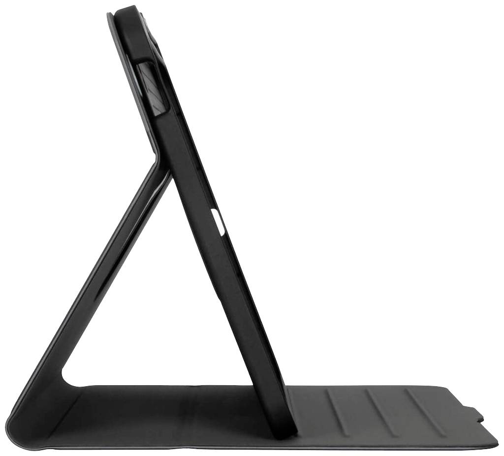 Et tablet i et sort beskyttelsescover, stående på højkant på et bord, viser hylsterets funktionalitet til sikker placering.