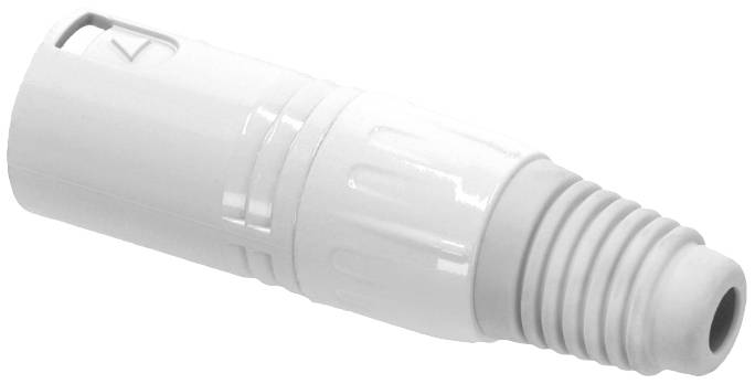 Hvid plastikbøsning med ribbet ende og låsemekanisme, egnet til elektronik- eller lydkabelforbindelser.