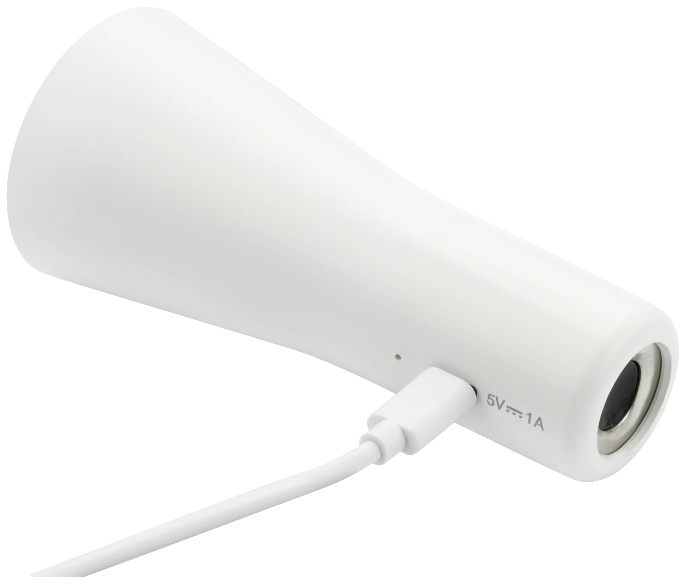 Hvid, konisk Bluetooth-højtaler tilsluttet med kabel.