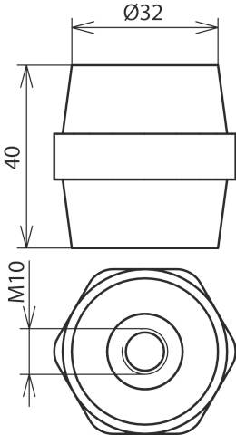 Teknisk tegning af en cylindrisk del med følgende mål: 40 mm højde, øverste diameter 32 mm, M10-gevind forneden.