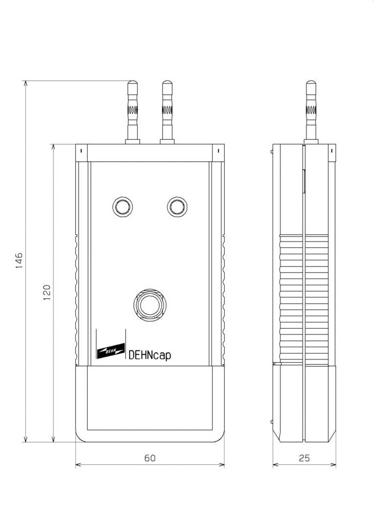 Tegning af en elektronisk komponent med påskriften 'DEHNcap'. Mål er 146 mm i højden, 60 mm i bredden.