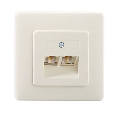 Hvid Ethernet-dæksel med to netværksstik synligt, monteret på en væg.