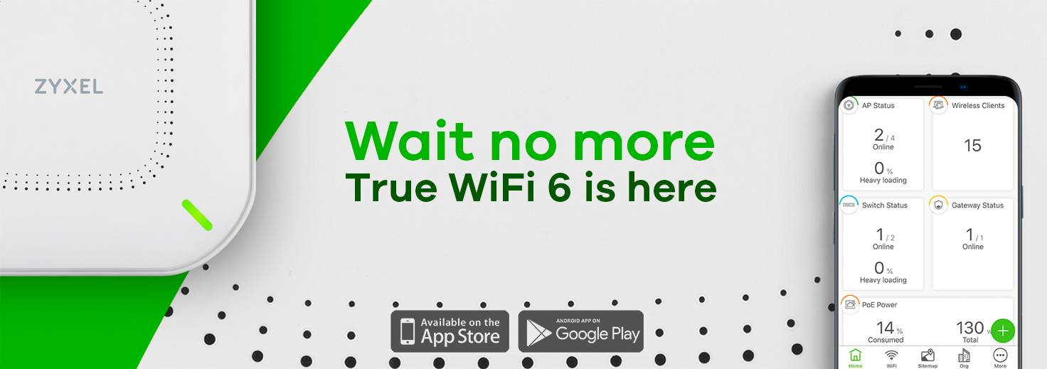 "Ægte WiFi 6 er her". Reklame for en Zyxel WiFi-enhed og en mobilapp med tilgængelighedsoplysninger i App Store og Google Play.