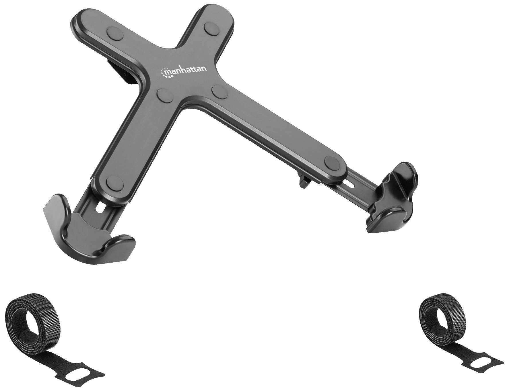Bærbar tablet-holder i X-form, velegnet til forskellige tabletstrørrelser. Indeholder ekstra stropper for stabil fastgørelse.