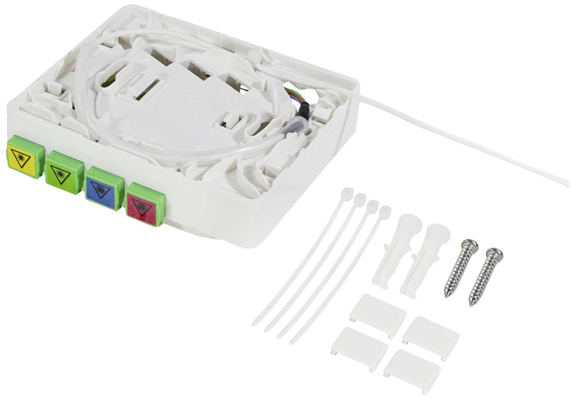 En hvid, rektangulær elektronisk enhed med fire farvede knapper og tilbehørsdele som skruer og kabelstrips.