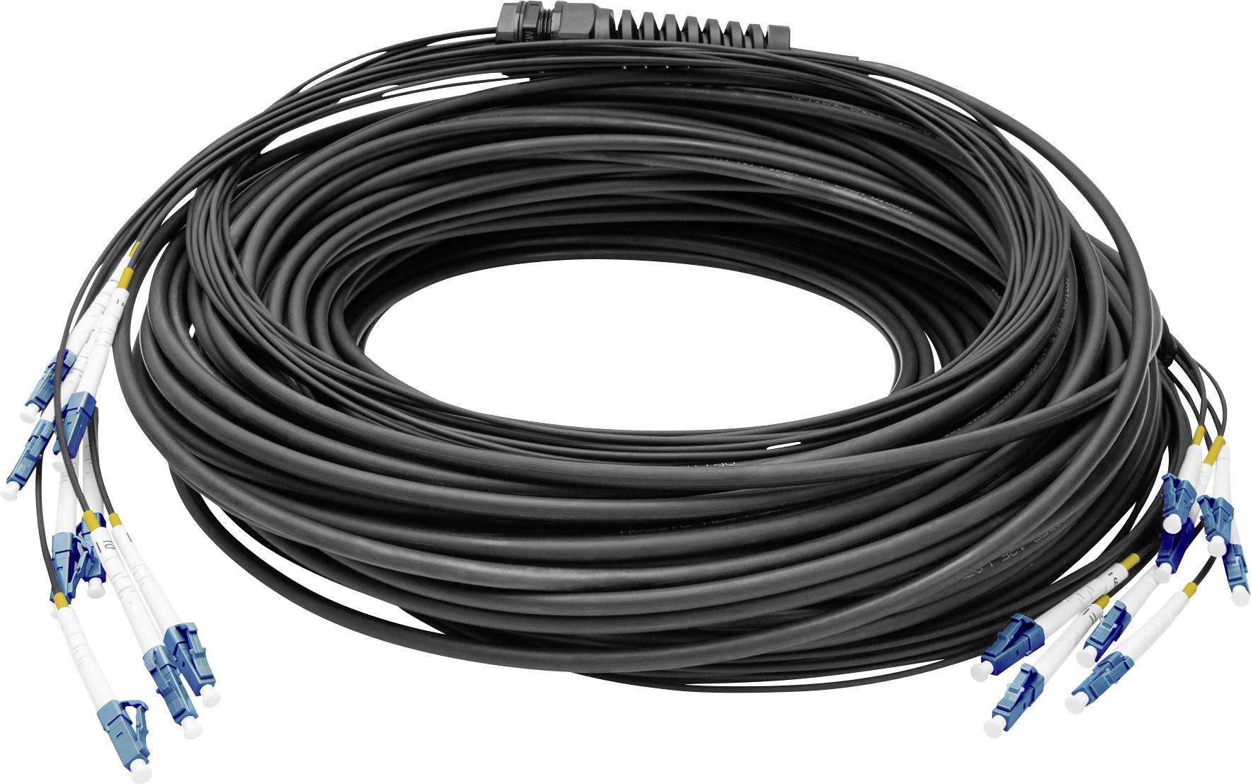 En lang rulle sort kabel med flere blå og gule stikforbindelser i enderne, oprullet og klar til brug.