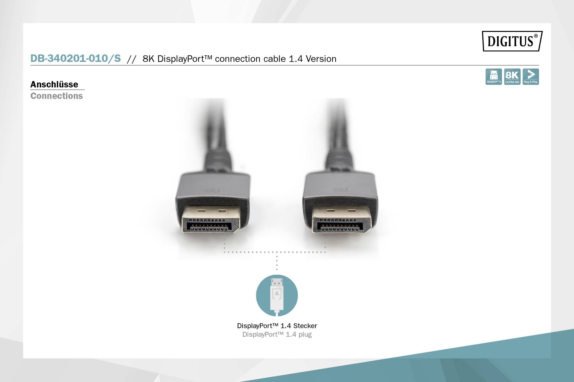 '8K DisplayPort™ forbindelseskabel 1.4 Version' med STORE BOGSTAVER. To DisplayPort-stik i nærbillede. Mærkenavnet 'DIGITUS' øverst til højre.