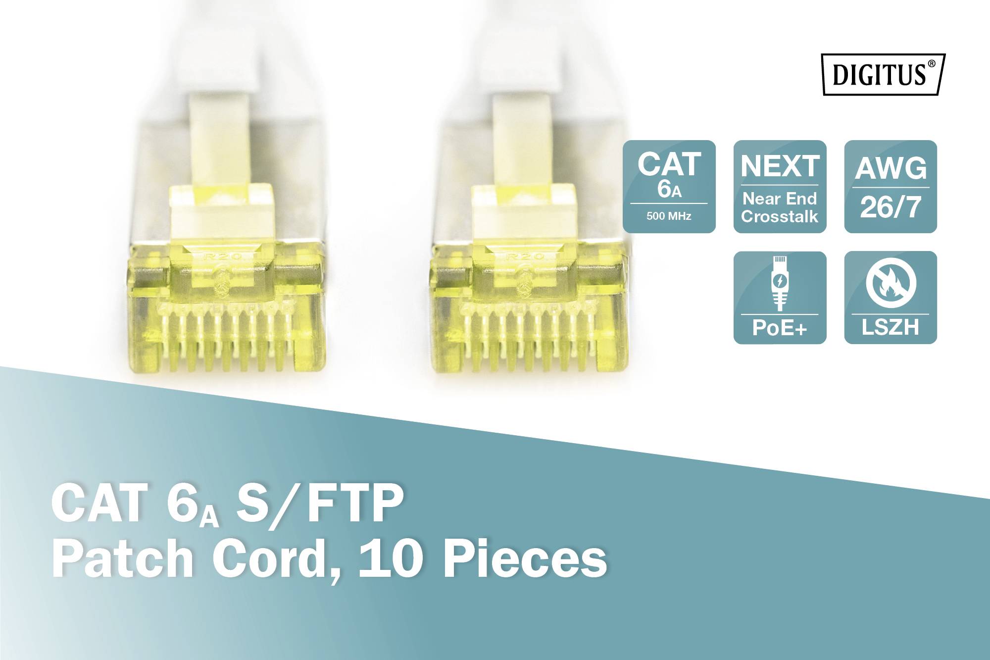 To CAT 6a S/FTP-netværksstik i gul farve på hvid baggrund. Mærkning: 'CAT 6a', 'PoE+', 'LSZH'. Pakket i æske med 10 styk.