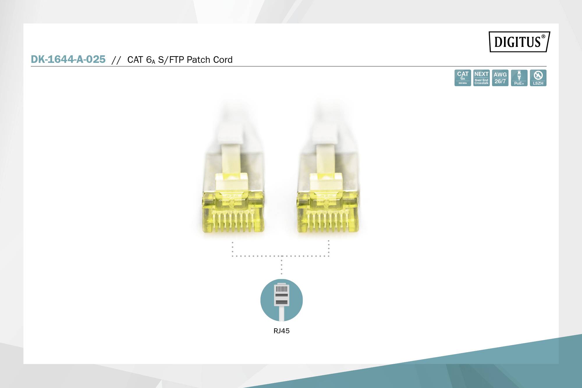 To RJ45-stik fra et DIGITUS CAT 6 S/FTP patchkabel vises.
