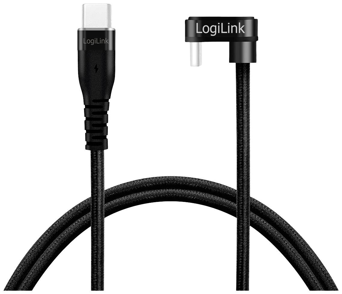 LogiLink USB-C-kabel, sort, med robust stikdesign. Et stik vinklet 90 grader for pladssparende tilslutning.