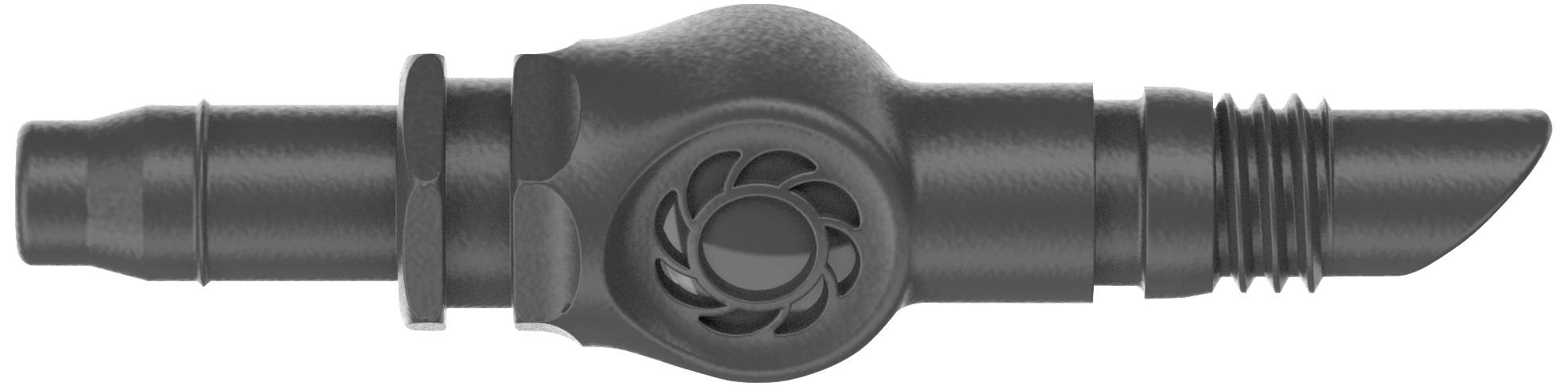 Metalventil med spiralmønster og riflet spids, sandsynligvis en del af en teknisk eller mekanisk enhed.
