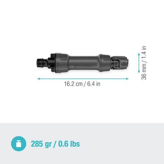 En sort cylinderformet stikforbindelse med en længde på 6,4 tommer og en diameter på 1,4 tommer, som vejer 0,6 pund.