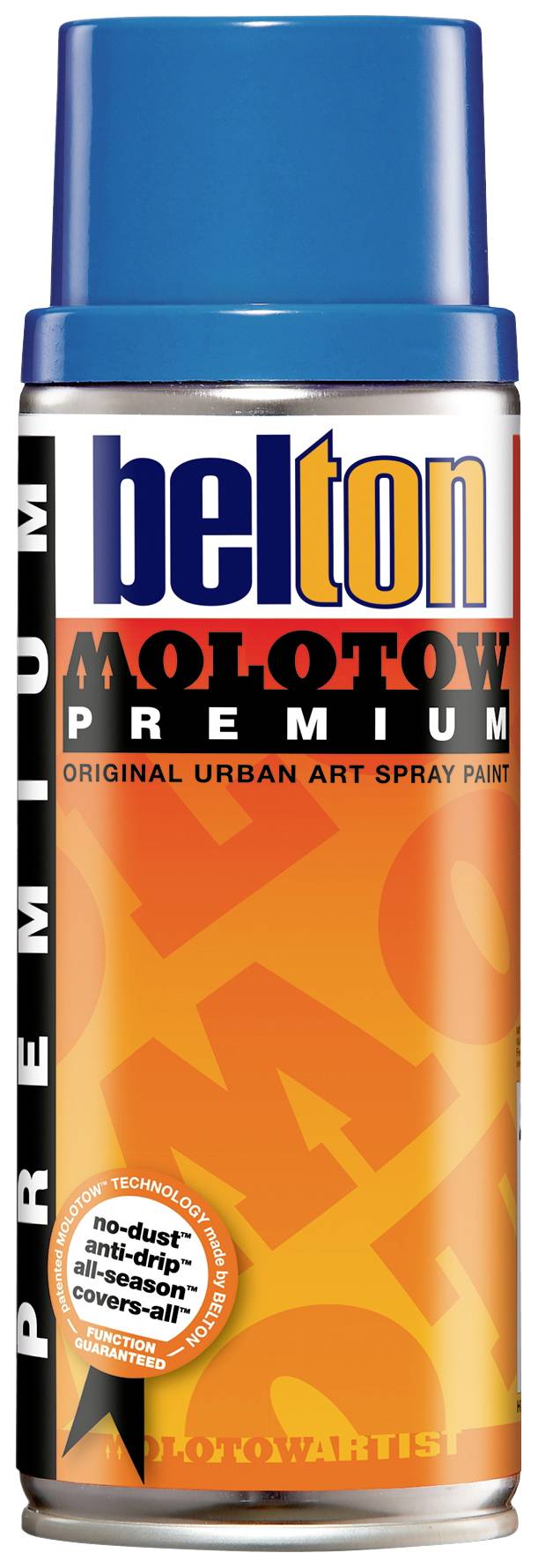 Spraydåse med blå hætte, orange etiket. Påskrift 'belton MOLYOW PREMIUM'. Urban Art spraymaling.