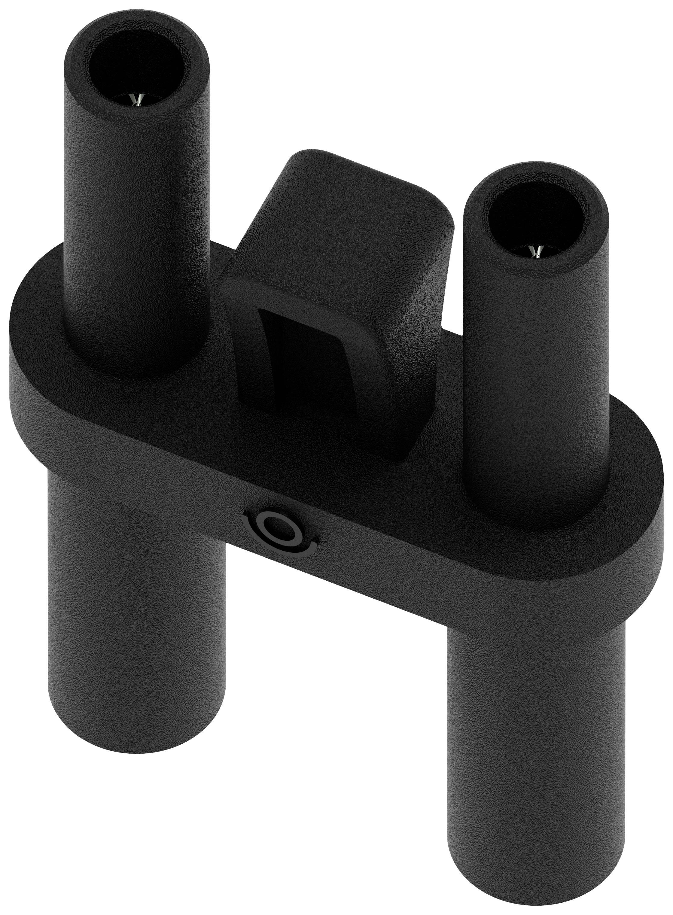 En sort, rektangulær plastikdel med fire pinde, som tilsyneladende fungerer som forbinder eller holder til en teknisk enhed.