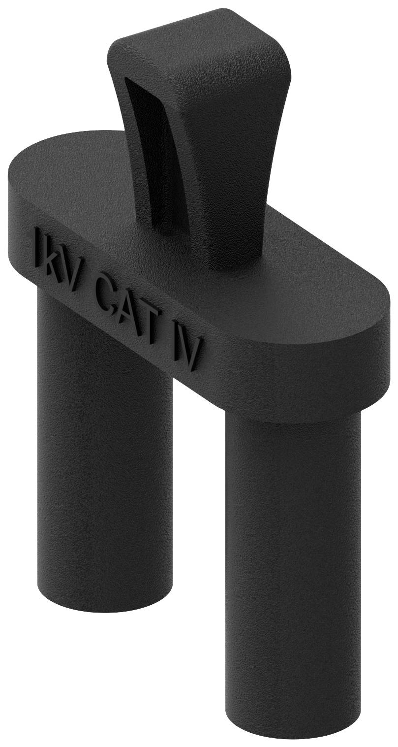 Sort plastikdel med to cylindriske stifter og et håndtag øverst. Påskriften 'KV CAT IV' synlig på siden.