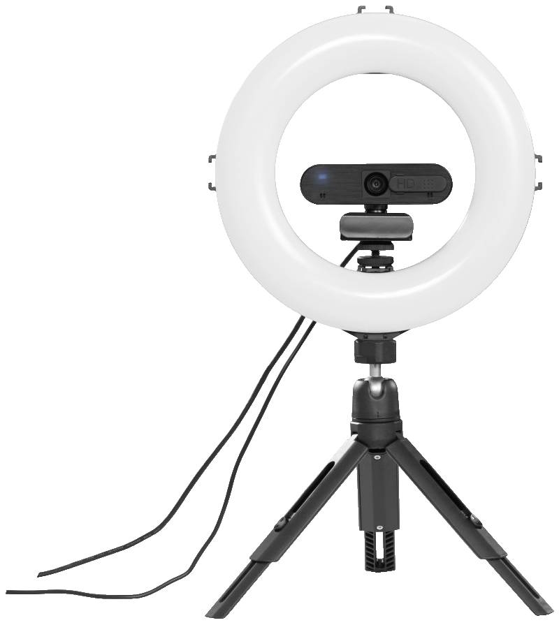 Stativ med ringlys og monteret kamera, velegnet til videooptagelser i professionelle omgivelser.