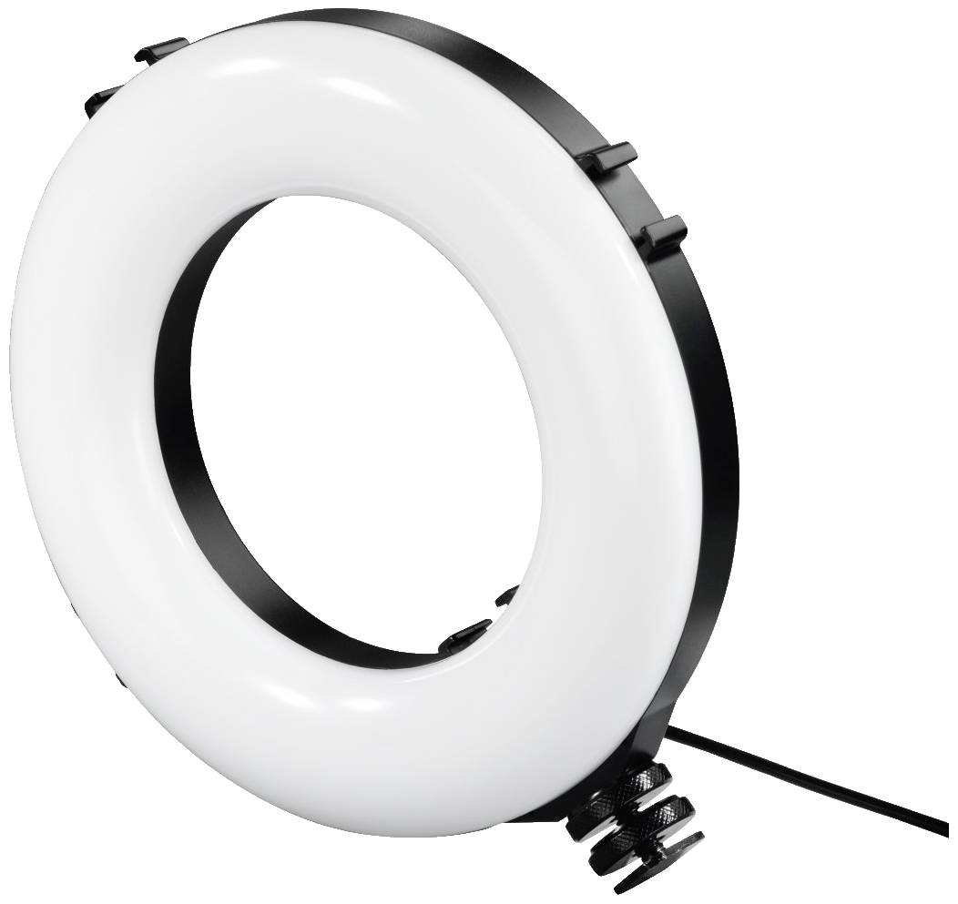 Et hvidt LED-ringlys-objektiv til kameraer med sort kabinet og skruefatning, velegnet til ensartet belysning.